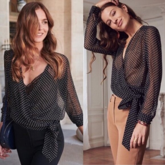 Sezane 100% Silk Wrap Blouse Womens Size 40 French US 8 Polka Dot Top Black Ecru - Picture 3 of 15
